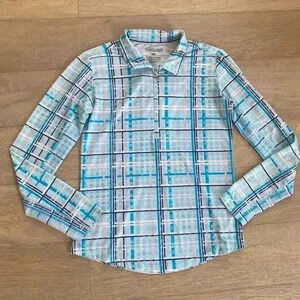 San Soleil Women's Blue Plaid Long Sleeve UV 50 Cover Up 1/2 Zip Size XS